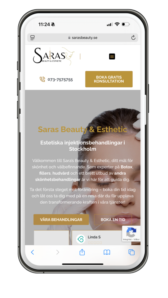 Sara's Beauty's hemsida i mobilformat