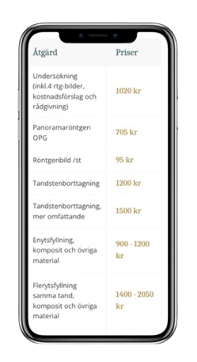 Mobil som visar prislista för tandläkare